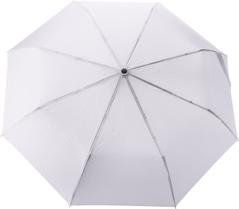 white umbrella open, with a light brown bamboo handle and 8 panels.