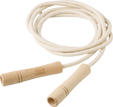 A white cotton skipping rope with light brown wooden handles, tied into a circular shape 