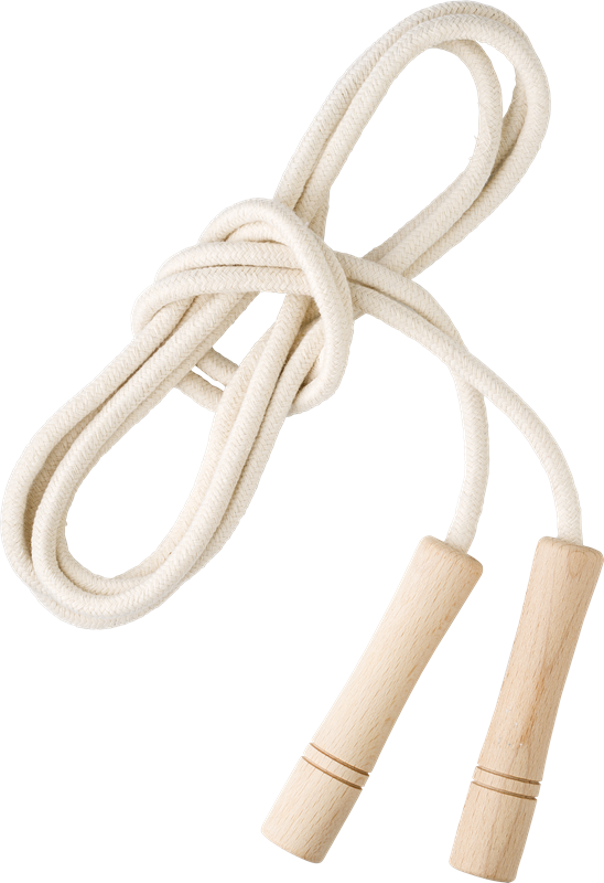 A white cotton skipping rope with light brown wooden handles, tied into a neat knot