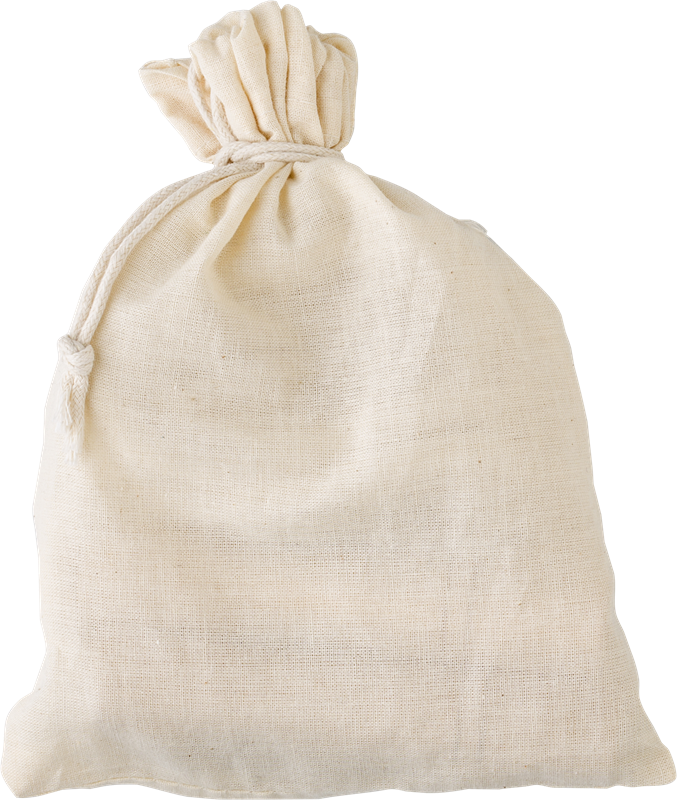 A white cotton pouch for a skipping rope with a drawstring at the top