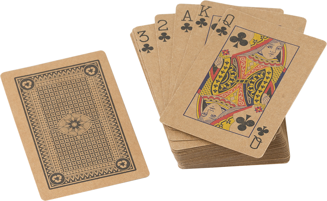 brown colour recycled playing cards in a pile, with a fan of cards on the right hand side