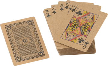 brown colour recycled playing cards in a pile, with a fan of cards on the right hand side