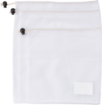 Image of the three sizes of mesh grocery bag, colour white, with a black toggle on the drawstring 