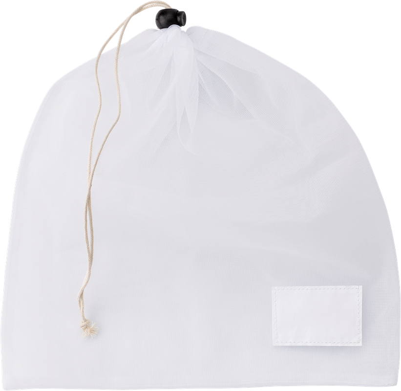 Image of mesh grocery bag with the drawstring pulled closed, colour white, with a black toggle on the drawstring 