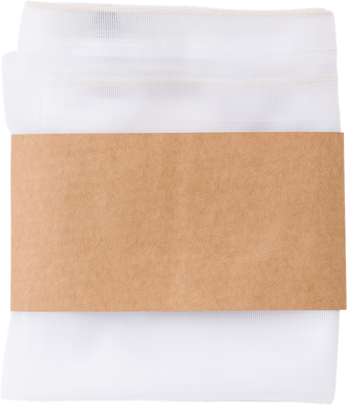 Image of a white mesh grocery bag with the kraft paper sleeve in a light brown colour 