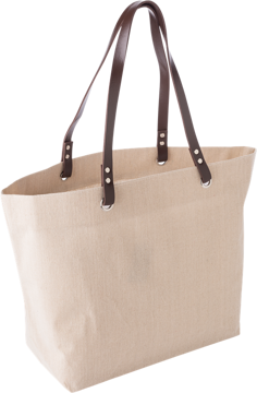 A cream colour linen beach bag with dark brown handles 