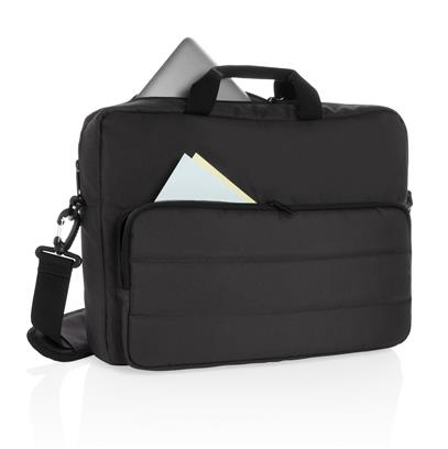 forwards facing, black laptop bag 15.6 inches, with paper in the front pocket