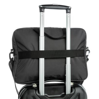 backwards facing, black laptop bag 15.6 inches, attached to a suitcase