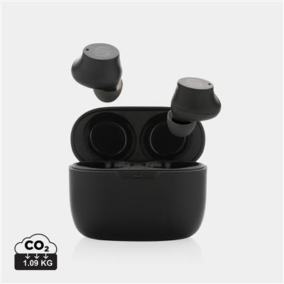 black earbuds hovering just above the case
