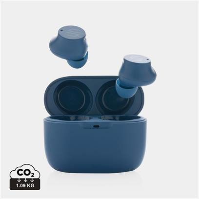 blue earbuds hovering just above the case