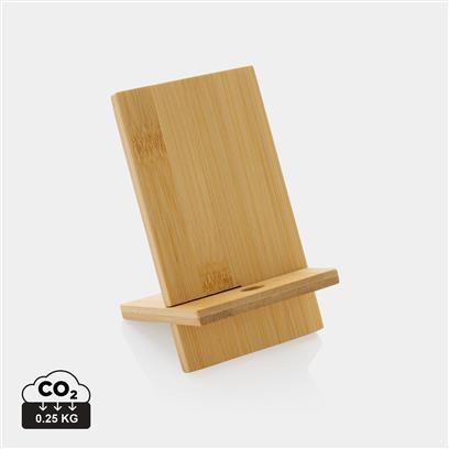 Light brown bamboo phone stand with hole for charging cable (forwards facing) 