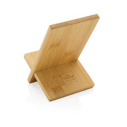 Light brown bamboo phone stand from the back view