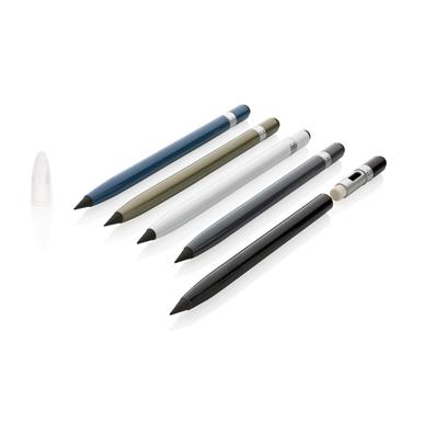 Five aluminium inkless pen with a graphite tip and black eraser (blue, white, black, green and grey pens)