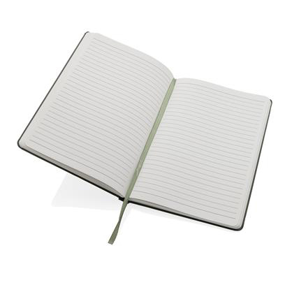 Dark green notebook (open with bookmark string down the middle, forward view) 