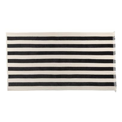 anthracite and white striped towel with tassels, laid out in its full length
