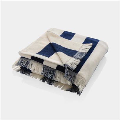 Navy striped towel with tassels, folded into a square
