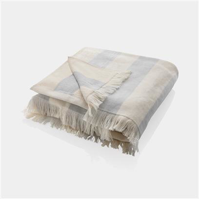 grey striped towel with tassels, folded into a square
