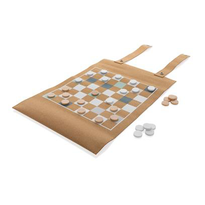 A cork (light brown) checkers board that is foldable, with counters