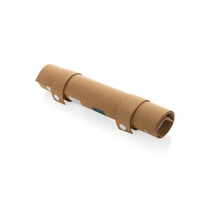 A cork (light brown) game set that has been folded into a tube 