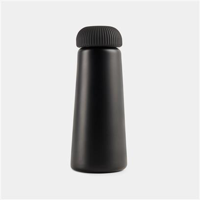 black cone shaped steel vacuum bottle with a grip handle 