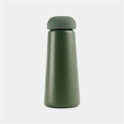 green cone shaped steel vacuum bottle with a grip handle 