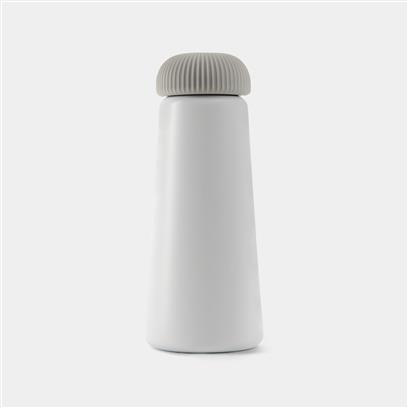 white cone shaped steel vacuum bottle with a grip handle 