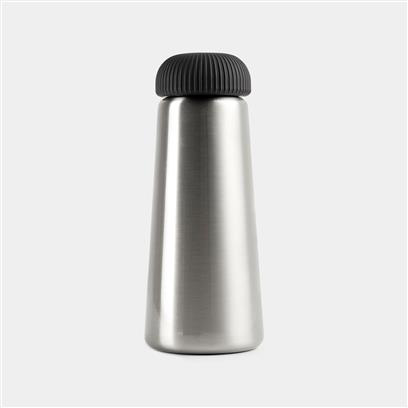 silver cone shaped steel vacuum bottle with a grip handle 