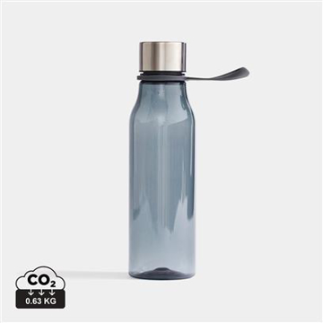 Grey plastic water bottle, with a silver lid and handle off the side 