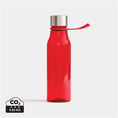red plastic water bottle, with a silver lid and handle off the side 