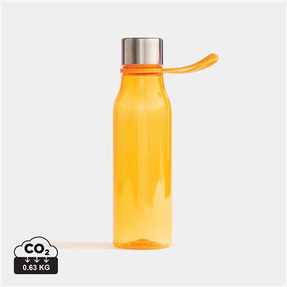 orange plastic water bottle, with a silver lid and handle off the side 