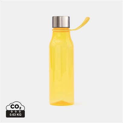 yellow plastic water bottle, with a silver lid and handle off the side 