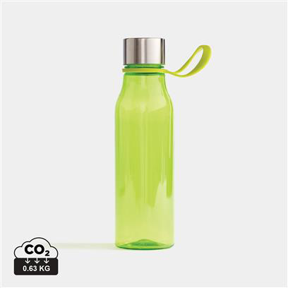 lime green plastic water bottle, with a silver lid and handle off the side 