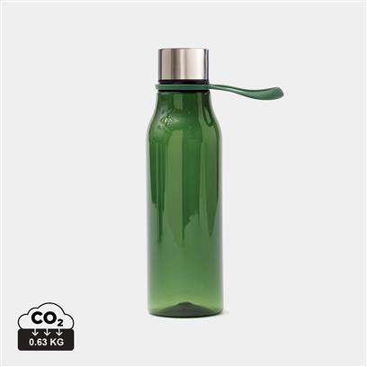 dark green plastic water bottle, with a silver lid and handle off the side 