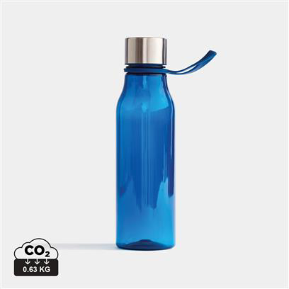 navy plastic water bottle, with a silver lid and handle off the side 