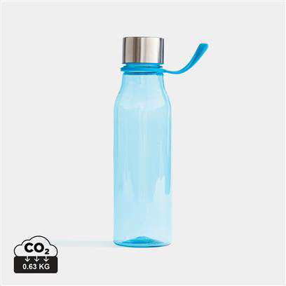 blue plastic water bottle, with a silver lid and handle off the side 