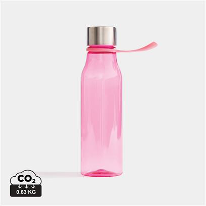 pink plastic water bottle, with a silver lid and handle off the side 