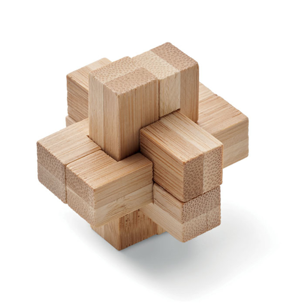 A bamboo brain teaser in light brown (assembled) 