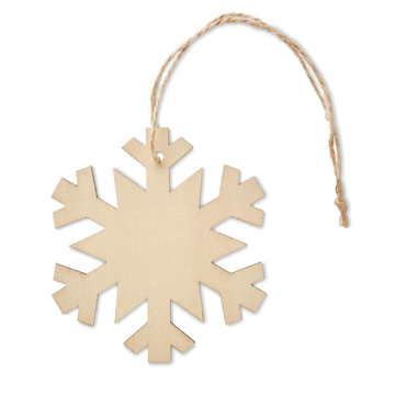 A light brown wooden snowflake with jute string