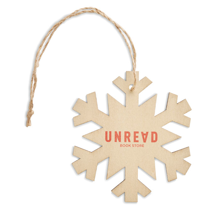 A light brown wooden snowflake with jute string and a printed logo on the front