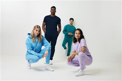 four models wearing blue, green, black and purple joggers