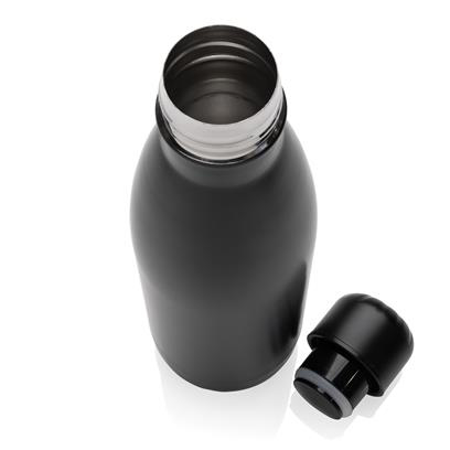 black stainless steel bottle (chili bottle style) with the lid off 