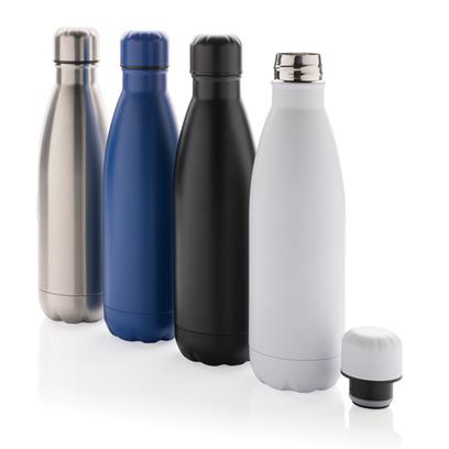 four stainless steel waterbottles in silver, blue, black, and white 