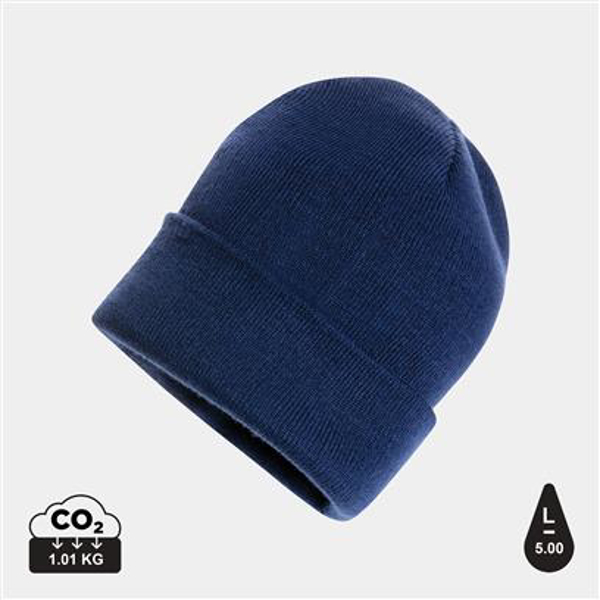 A navy polylana beanie, tilted to a diagonal 