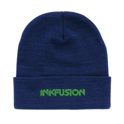 A navy polylana beanie, with an embroidered logo on the front 