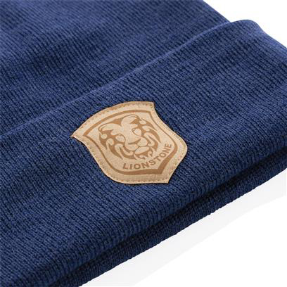 A navy polylana beanie, with an embroidered logo on the front 