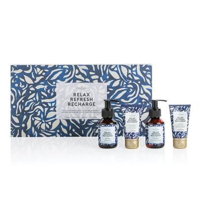 blue marble printed gift box containing a shampoo, body-wash, etc 