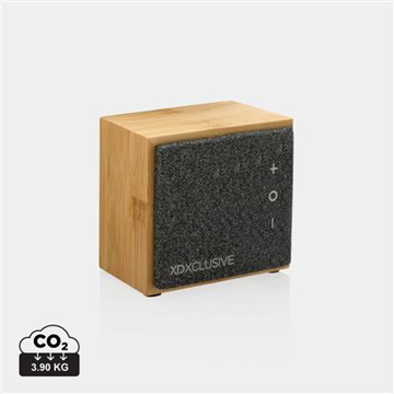 A cube bamboo speaker, with light brown outside and a black middle where the physical speaker is