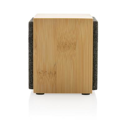 A cube bamboo speaker, from the side displaying the light brown bamboo 