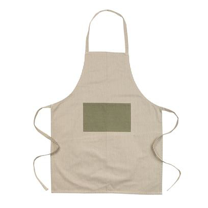 A light brown apron with a green front pocket with two ties around the sides