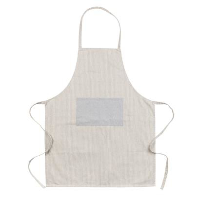 A cream / white apron with a grey front pocket with two ties around the sides